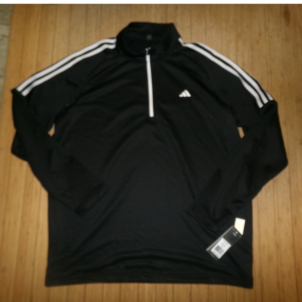 Adidas Mens XL Black 3-Stripe Quarter Zip Pullover Long Sleeve‎ UPF 50 Top NEW